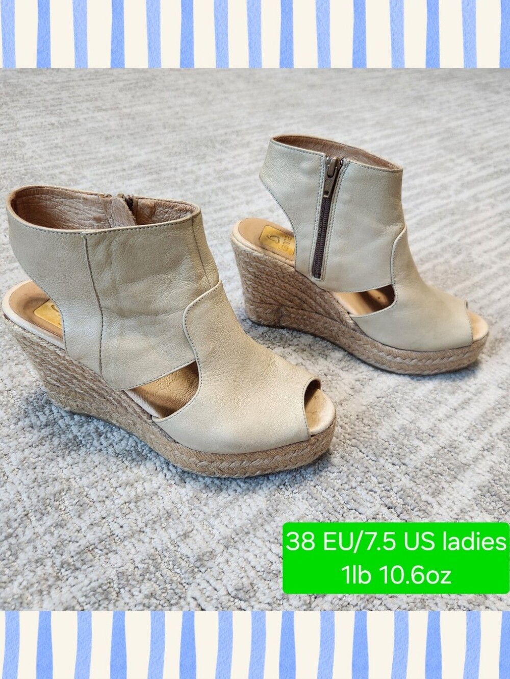 KANNA women's platform wedge jute leather heels sandals beige size 38 EU/7.5 US
